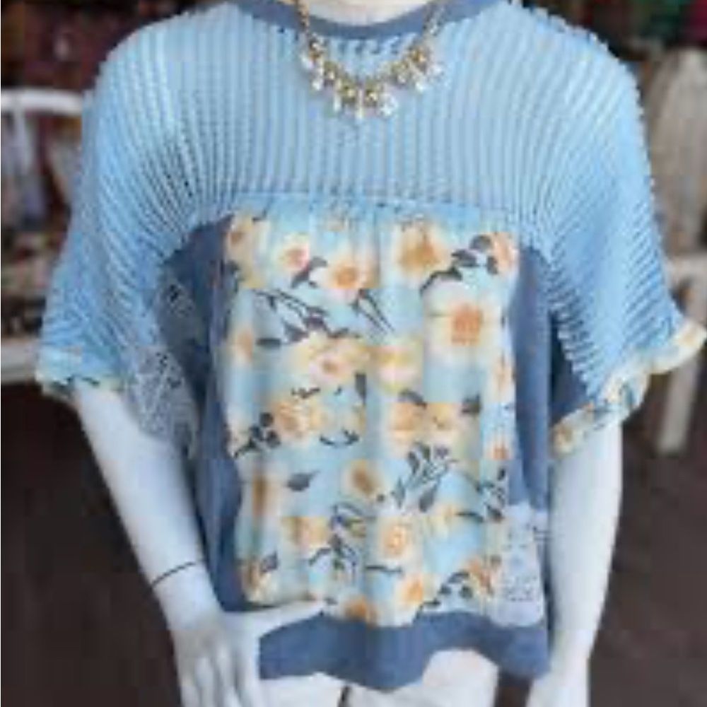 NEW LADIES SIZE S POL BLUE YELLOW FLOWER SHORT SLEEVE SHIRT TOP BLOUSE YKT1355